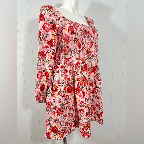 Old Navy 2X Floral Smocked Mini Dress Pink Red Boho Cottagecore Long Sleeve - Picture 5 of 12